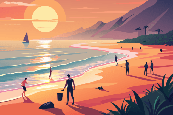 Amazing Summer Sea with People and Birds: A Graphic Freebie for Content Creators