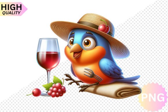 Funny Bird and Wine Glass Clipart for Real Embroidery Projects